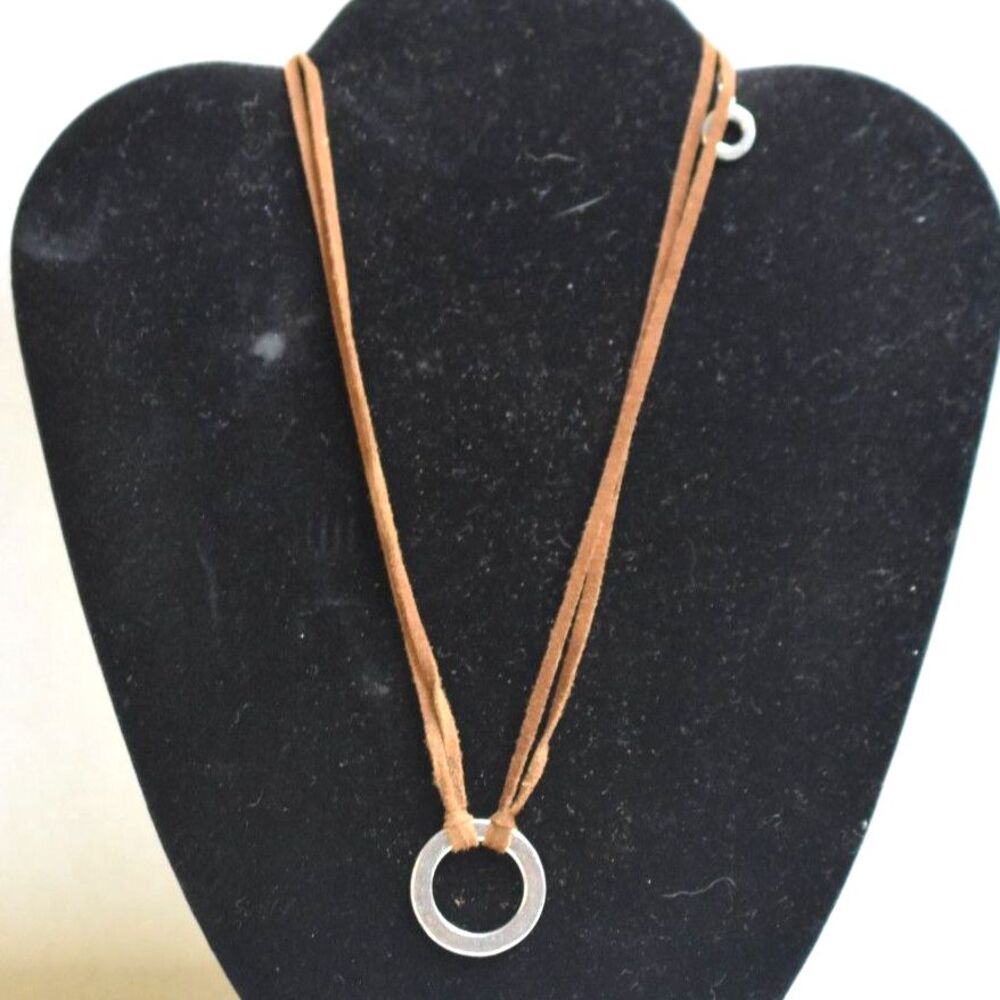 American Eagle Brown Suede Cord Silver Tone Open Circle 15" Unisex Necklace